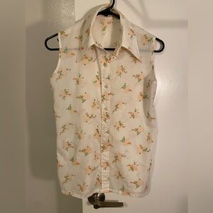 Vintage Floral Sleeveless Button-Up Blouse